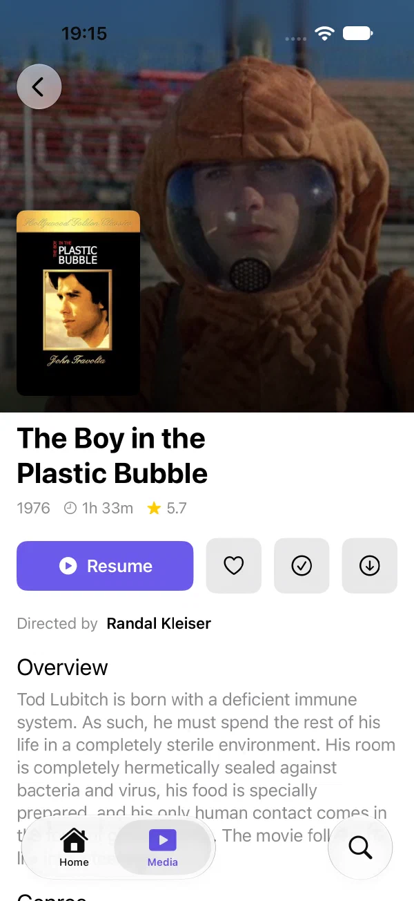 The Boy in the Plastic Bubble in FinPlus on iPhone, with artwork, playback controls and film information